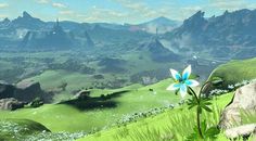 an animated image of a green valley with flowers in the foreground and mountains in the background