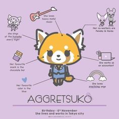 a cartoon character with the words aggretsuko written in english and japanese