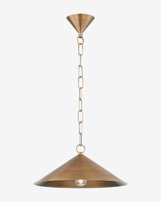 a brass colored pendant light hanging from a chain on an isolated white background with clippings