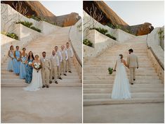 Bride and groom with bridal party, men in tan suits and bridesmaids in blue dresses at Secrets Playa Blanca, Costa Mujeres Mexico
​
​Read all about this real wedding at Secrets Playa Blanca, Mexico. 
​
​Learn why the couple chose this venue, their wedding planning experience and tips and advice for couples looking to get married at this all-inclusive resort.