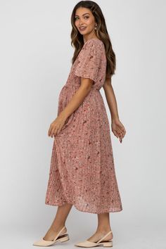 Beige Floral Pleated Short Sleeve Chiffon Maternity Midi Dress – PinkBlush Chiffon Midi Dress, Midi Maxi Dress, Ruffle Sleeves, Maternity Dresses