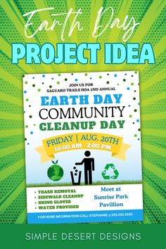 the earth day project idea flyer is shown in green and blue with sunbursts