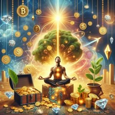 Dive into the vibrant image of wealth manifestation, featuring a meditating figure enveloped in symbols of abundance - gold, diamonds, thriving flora, under the rising sun. Learn how to visualize success here: [link] 

#WealthManifestation #Affirmation #LawOfAttraction #Meditation #Abundance #Prosperity Visualize Success, Abundance Images, Amon Ra, How To Visualize, Nature Symbols, Vision Board Book, Wealth Manifestation, Mens Gemstone Rings