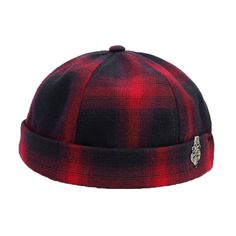 a red and black plaid hat with a horse emblem on the front, sitting against a white background