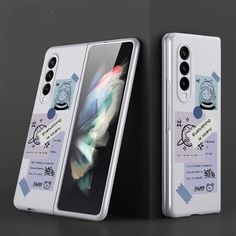 the back and side view of a white phone with an image of a bird on it