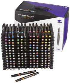 a large display of pens and markers in front of a box with the same color