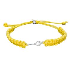 a yellow rope bracelet with a silver clasp on an adjustable cord and a white bead