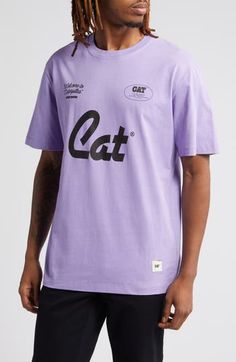 Stand out in this cheery lilac-hued cotton T-shirt stamped with graphics that mark you as industrious. 29 1/2" length (size Medium) Crewneck Short sleeves 100% cotton Machine wash, dry flat Made in Italy Retro Purple T-shirt With Graphic Print, Purple Relaxed Fit T-shirt For Streetwear, Purple Cotton Crew Neck T-shirt, Purple Graphic Print Top For Streetwear, Purple Cotton Logo Print Top, Purple Graphic Tee Tops For Streetwear, Casual Purple T-shirt With Text Print, Purple Front Print Top For Streetwear, Purple Cotton Tops With Logo Print