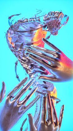 an abstract image of hands and fingers with different colored parts on them, against a blue background