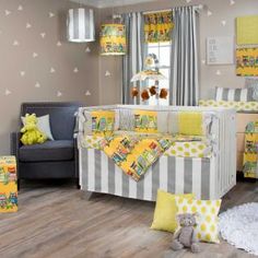 a baby's room with yellow and gray decor