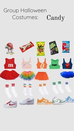 a group of halloween costumes with candy on the bottom and other items in different colors