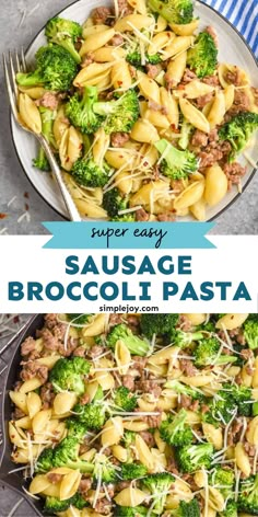 sausage broccoli pasta in a skillet with text overlay