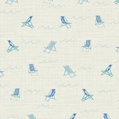 a blue and white wallpaper with lawn chairs in the water on it's side