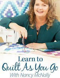 a woman sitting at a sewing machine with the words learn to quilt as you go