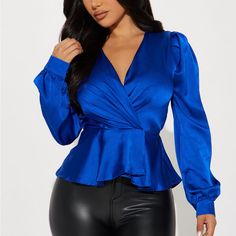 Nwt/Never Worn Satin Top In Royal Blue. Blue V-neck Top For Night Out, Blue V-neck Blouse For Evening, Chic Blue Evening Top, Chic Blue Top For Night Out, Blue Blouse For Night Out In Fall, Blue V-neck Blouse For Party, Chic Blue Blouse For Night Out, Blue Fitted Blouse For Fall, Chic Blue Tops For Fall