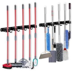 several different types of brooms and cleaning tools