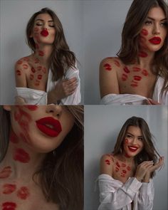 a woman with red lipstick on her face and hands around her body, posing for the camera