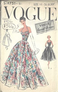 ✦ Circa:    1956 ✦ Details:   TWO-STYLE VARIATION EVENING DRESS  By Vogue Special Design ✦ Size/Measurements:     ~ Size: 16   ~ Bust: 36″    ~ Waist:  28″    ~ Hips:  38″   (Inches) ~ Please Note: ~ You are buying a 'Professional Reproduced' copy of this sewing pattern. Copied from the original sewing pattern. Produced in Full Scale Pattern Pieces ready to cut with full instructions included. Reproduced on high quality 50 gm paper with black ink, durable and easier for reuse. Printed by a Professional Printing Company.   ~ With this product comes an accompanying 'Booklet' and inside the Booklet it includes: ~ A 2-page Instructions and Illustrations on 'How to Adjust Your pattern to your Personal Measurement.' ~ Personal Measurement Chart ~ Body Form Illustrations ~ Fitting Checklist ~ Met Vintage Fashion Sketches, Vintage Vogue Sewing Patterns, Vogue Vintage, Fashion Magazine Cover, Vintage Dress Patterns, Vogue Sewing, Vogue Sewing Patterns, Vogue Covers, Retro Mode