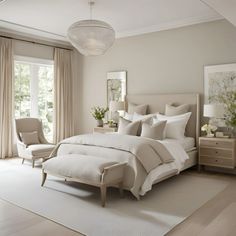 a bedroom with a large bed and two chairs in front of the window, along with a white rug on the floor