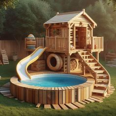 a wooden pool with a slide next to it