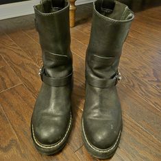 Used. Size 8. Silver Boots With Buckle Closure And Round Toe, Leather Boots With Silver Accents And Round Toe, Silver Leather Moto Boots With Round Toe, Bone Shoes, Rag And Bone, Moto Boots, Rag & Bone, Black Silver, Bones