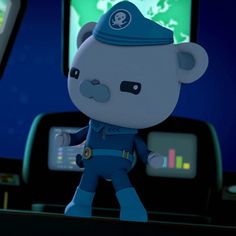 a cartoon character is standing in front of two televisions with screens behind him and an animated bear on the screen