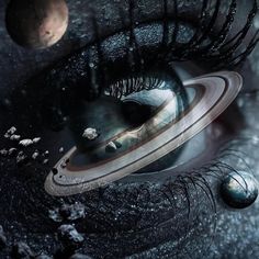 an eye with long lashes and planets in the background, as if it were from outer space