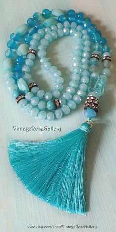 Turquoise Silk Tassel Necklace, #VintageRoseGallery #etsy Turquoise Agate Gemstones Necklace, Boho Chic Necklace by VintageRoseGallery Silk Tassel Necklace, Arte Yoga, Artsy Jewelry, Boho Chic Necklace, Long Tassel Necklace, Diy Jewlery, Wedding Rings Round, Chic Necklace, Fantasy Closet