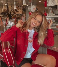 Red or dead 👠 Stylish outfit ideas for women who love fashion! Dylan Jordan, Summer Mckeen, Red Denim Jacket, Red Denim, Rory Gilmore, Jacket Outfit, Highlight Covers