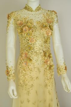 ÁO DÀI Cưới Kem Vàng cao cấp Kết Đá Pha Lê| Champagne color AO DAI Crystal Wedding Bust: 33 inches Waist: 27 inches Wedding Embellished Fitted Ao Dai, Gold Floor-length Wedding Dress For Ceremony, Elegant Gold Ao Dai For Wedding, Yellow Fitted Ao Dai For Wedding, Vietnamese Tea Ceremony, Vietnamese Tea, Crystal Wedding, Champagne Color, Tea Ceremony