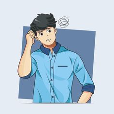 a man is talking on the phone while holding his hand up to his ear and wearing a blue shirt