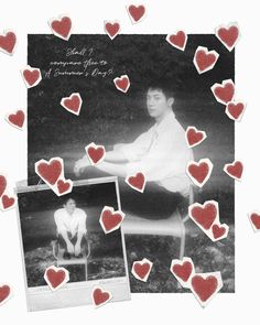 an old photo with red hearts on it