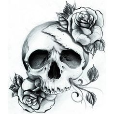 a drawing of a skull with roses on it