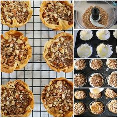 there are many different pictures of pies on the baking rack, including one with walnuts