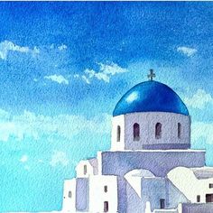 watercolor painting of a blue dome on top of a building with white walls and windows