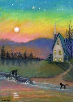 a painting of two dogs playing in the water near a house with a full moon