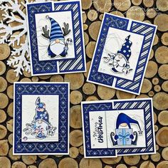 three cards with snowmen on them sitting next to some cut up tree trunks and snowflakes