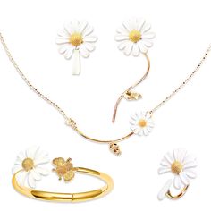 PRICES MAY VARY. 🌼 DAISY | Stunning pendant shaped like a chrysanthemum, trendy cute floral design. Perfect for all flower lovers bridal occasions and birthday gifts! 🌼 4 PIECE | Consists of 1 charm necklace, 1 bracelet, 1 pair of asymmetrical hypoallergenic stud earrings, and 1 ring. Spring is here in a matching classic 4-piece set! 🌼 GOLD | Sterling silver with gold plating and white lacquered petals. Absolutely gorgeous for the spring and summer seasons. Perfectly matching yellow, gold, an Whimsical Gold Jewelry For Mother's Day, White Metal Flower Shaped Jewelry, White Metal Dainty Jewelry, White Metal Flower-shaped Jewelry, White Dainty Jewelry For Mother's Day, Whimsical Gold Jewelry For Weddings, Dainty White Jewelry For Mother's Day, Whimsical Rose Gold Jewelry For Wedding, Whimsical Gold Wedding Jewelry