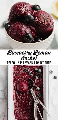 blueberry lemon sorbet in a white bowl with spoons on the side