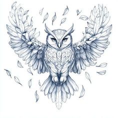 an owl with wings and leaves around it