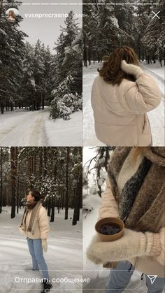 a woman standing in the snow with her hands on her head and holding a cup