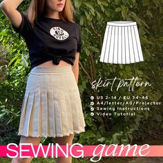 a woman wearing a skirt and t - shirt with the words sewing game on it