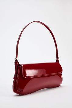 Shoulder bag with flap. Faux patent leather finish. Adjustable shoulder strap. Magnetic closure. Height x Length x Width: 3.9 x 9.4 x 1.2 inches (10 x 24 x 3 cm) Tas Bahu, Zara Bag, Zara Bags, Flap Shoulder Bag, Shoulder Bags For Women, Underarm Bag, Elegant Red, Skorts, Small Bag