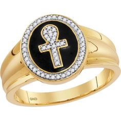 GND 10K Yellow Gold Pave-Set Round Diamond Ankh Cross Fashion Ring - 0.15 Carat Total Diamond Weight Symbolic Formal Jewelry With Diamond Accents, Symbolic Diamond Jewelry With Gemstones, Symbolic Round Diamond Jewelry, Spiritual Oval Diamond Jewelry, Symbolic Yellow Gold Diamond Ring, Symbolic Diamond Accented Rings For Anniversary, Spiritual Round Jewelry With Diamond Accents, Symbolic Engraved Diamond Rings, Symbolic Diamond Rings With Engraving