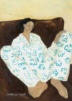 a painting of a woman sitting on a couch with numbers all over her body and legs