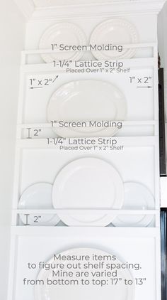 white plates are stacked on top of each other and labeled with measurements to fit them