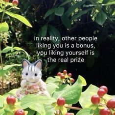 a small toy rabbit sitting in the middle of some bushes with berries on it and a quote that reads, in reality, other people liking you is a