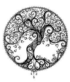 a drawing of a tree with swirls and leaves in the shape of a circle