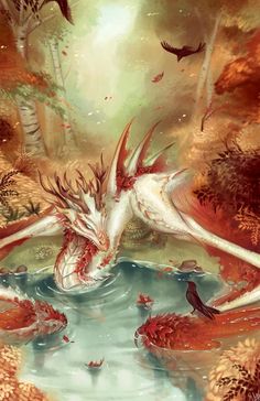 a painting of a white dragon in the water with red leaves on it's wings