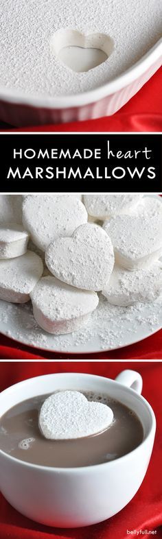 homemade heart marshmallows in a white bowl on a red tablecloth with text overlay that reads homemade heart marshmallows